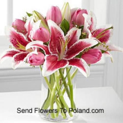 Pink Lilies and Tulips in Vase