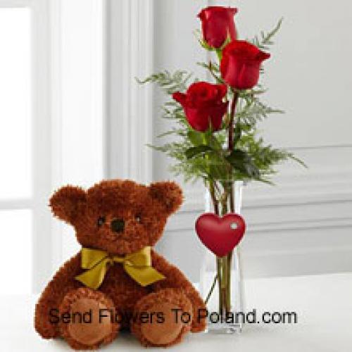 10 Inches Bear with 3 Red Roses